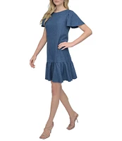 DKNY by Donna Karan Woven Crew Neck Short Sleeve Flutter Hem Shift Mini Dress
