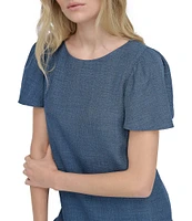 DKNY by Donna Karan Woven Crew Neck Short Sleeve Flutter Hem Shift Mini Dress