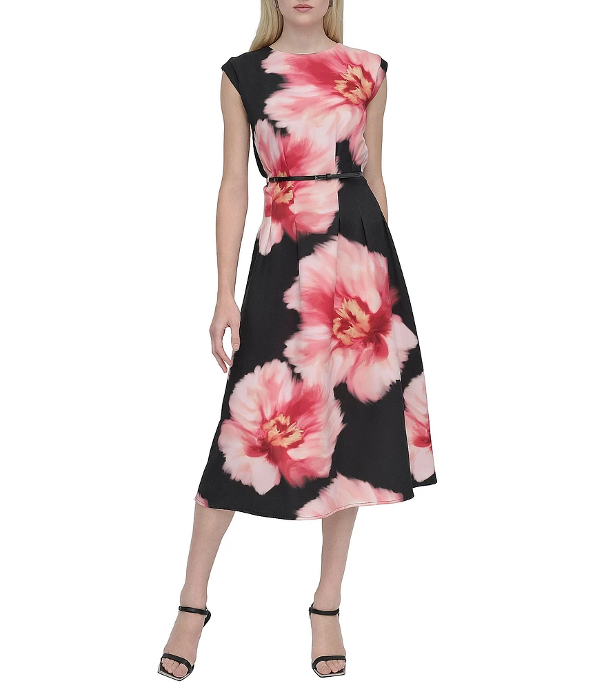 DKNY by Donna Karan Woven Floral Print Crew Neck Cap Sleeve Belted Fit and Flare Midi Dress