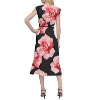 DKNY by Donna Karan Woven Floral Print Crew Neck Cap Sleeve Belted Fit and Flare Midi Dress