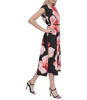 DKNY by Donna Karan Woven Floral Print Crew Neck Cap Sleeve Belted Fit and Flare Midi Dress