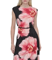 DKNY by Donna Karan Woven Floral Print Crew Neck Cap Sleeve Belted Fit and Flare Midi Dress