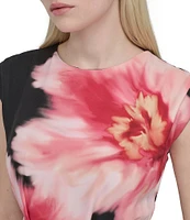 DKNY by Donna Karan Woven Floral Print Crew Neck Cap Sleeve Belted Fit and Flare Midi Dress