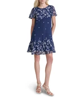 DKNY by Donna Karan Woven Floral Print Crew Neck Short Flutter Sleeve Shift Mini Dress