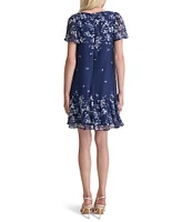 DKNY by Donna Karan Woven Floral Print Crew Neck Short Flutter Sleeve Shift Mini Dress