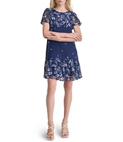 DKNY by Donna Karan Woven Floral Print Crew Neck Short Flutter Sleeve Shift Mini Dress