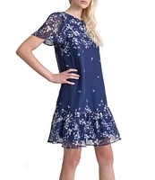 DKNY by Donna Karan Woven Floral Print Crew Neck Short Flutter Sleeve Shift Mini Dress