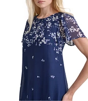 DKNY by Donna Karan Woven Floral Print Crew Neck Short Flutter Sleeve Shift Mini Dress