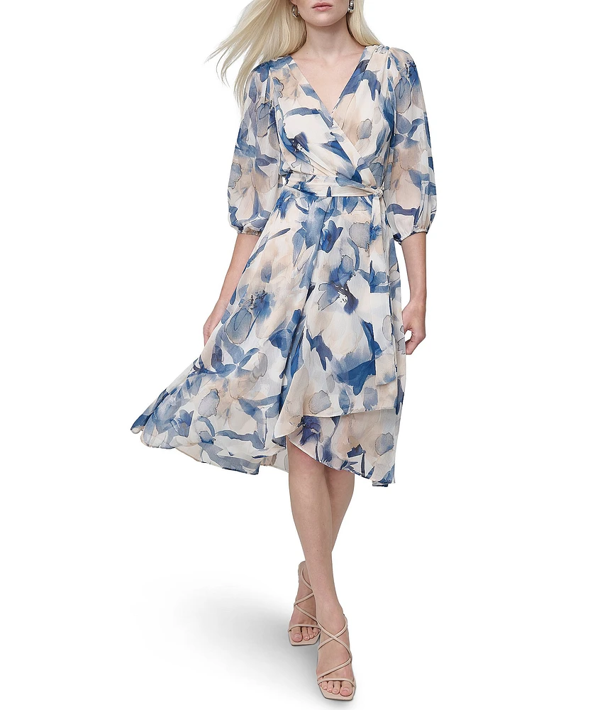 DKNY by Donna Karan Woven Floral Print V Neck 3/4 Sleeve Faux Wrap Fit and Flare Midi Dress