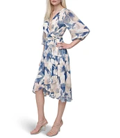 DKNY by Donna Karan Woven Floral Print V Neck 3/4 Sleeve Faux Wrap Fit and Flare Midi Dress