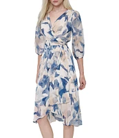 DKNY by Donna Karan Woven Floral Print V Neck 3/4 Sleeve Faux Wrap Fit and Flare Midi Dress