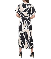 DKNY by Donna Karan Woven Geometrical Print Point Collar Neck Short Sleeve Button Front Waist Tie Shirt Midi Dress