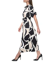 DKNY by Donna Karan Woven Geometrical Print Point Collar Neck Short Sleeve Button Front Waist Tie Shirt Midi Dress