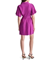 DKNY by Donna Karan Collar Neck Short Pleated Flutter Sleeve Tie Waist Mini Dress