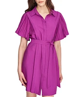 DKNY by Donna Karan Collar Neck Short Pleated Flutter Sleeve Tie Waist Mini Dress