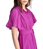 DKNY by Donna Karan Collar Neck Short Pleated Flutter Sleeve Tie Waist Mini Dress