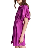 DKNY by Donna Karan Collar Neck Short Pleated Flutter Sleeve Tie Waist Mini Dress