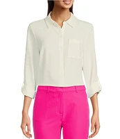 DKNY by Donna Karan Collared Neckline Long Roll Tab Sleeve Button Down Shirt