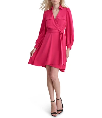 DKNY by Donna Karan Collared Surplice V-Neckl Long Sleeve Dress