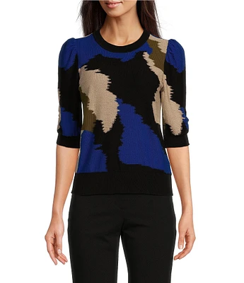 DKNY by Donna Karan Color Block Crew Neck Elbow Puff Sleeve Knit Top