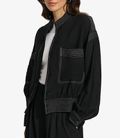 DKNY by Donna Karan Contrast Stitch Banded Collar Long Sleeve Button Front Jacket