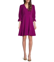 DKNY by Donna Karan Crepe V-Neck 3/4 Sleeve Ruffle Trim Mini Dress