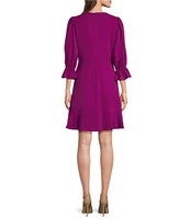 DKNY by Donna Karan Crepe V-Neck 3/4 Sleeve Ruffle Trim Mini Dress