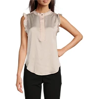 DKNY by Donna Karan Crew Neck Sleeveless Satin Ruffled Trim Top