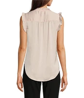 DKNY by Donna Karan Crew Neck Sleeveless Satin Ruffled Trim Top