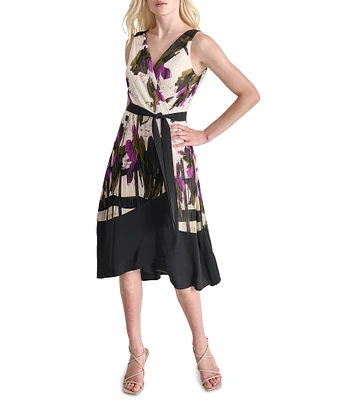 DKNY by Donna Karan Crinkle Chiffon Crepe Printed Surplice V-Neck Sleeveless Tie Waist Dress