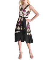 DKNY by Donna Karan Crinkle Chiffon Crepe Printed Surplice V-Neck Sleeveless Tie Waist Dress