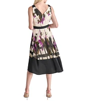 DKNY by Donna Karan Crinkle Chiffon Crepe Printed Surplice V-Neck Sleeveless Tie Waist Dress