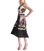 DKNY by Donna Karan Crinkle Chiffon Crepe Printed Surplice V-Neck Sleeveless Tie Waist Dress