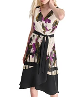 DKNY by Donna Karan Crinkle Chiffon Crepe Printed Surplice V-Neck Sleeveless Tie Waist Dress