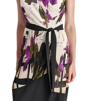 DKNY by Donna Karan Crinkle Chiffon Crepe Printed Surplice V-Neck Sleeveless Tie Waist Dress