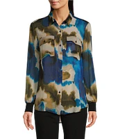 DKNY by Donna Karan Crinkle Chiffon Long Sleeve Collared Button Front Blouse