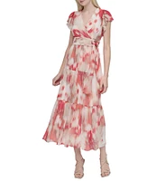 DKNY Donna Karan Petite Size V Neck Flutter Sleeve Tiered A Line Dress