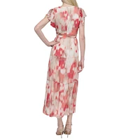 DKNY Donna Karan Petite Size V Neck Flutter Sleeve Tiered A Line Dress
