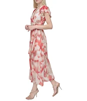 DKNY Donna Karan Petite Size V Neck Flutter Sleeve Tiered A Line Dress