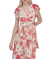 DKNY Donna Karan Petite Size V Neck Flutter Sleeve Tiered A Line Dress