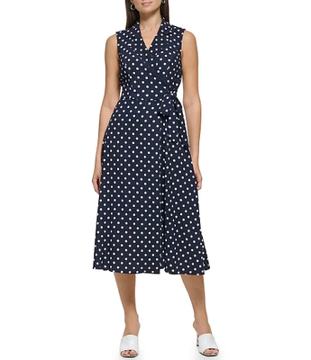 DKNY by Donna Karan Dot Print Surplice V-Neck Sleeveless Faux Wrap Midi Dress