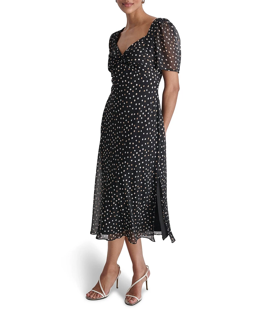 DKNY by Donna Karan Dotted V-Neck Short Sleeve Midi Dress