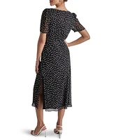 DKNY by Donna Karan Dotted V-Neck Short Sleeve Midi Dress