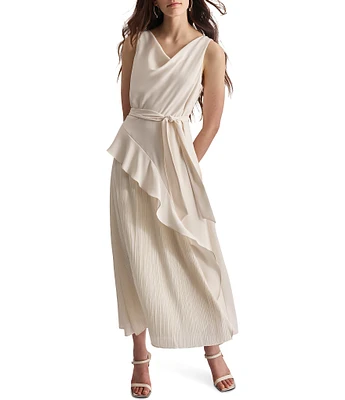 DKNY by Donna Karan Drapey Crepe Cowl Neck Sleeveless Cascading Ruffle Tie Waist Midi Dress