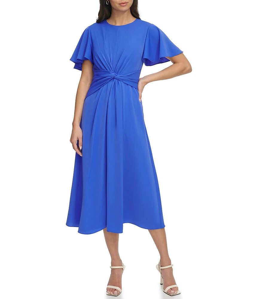 DKNY by Donna Karan Drapey Crepe Crew Neck Short Flutter Sleeve Knot Front Midi Fit and Flare Dress