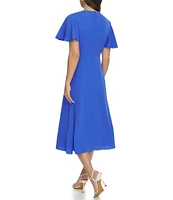 DKNY by Donna Karan Drapey Crepe Crew Neck Short Flutter Sleeve Knot Front Midi Fit and Flare Dress