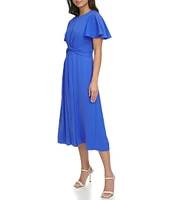 DKNY by Donna Karan Drapey Crepe Crew Neck Short Flutter Sleeve Knot Front Midi Fit and Flare Dress