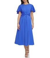 DKNY by Donna Karan Drapey Crepe Crew Neck Short Flutter Sleeve Knot Front Midi Fit and Flare Dress