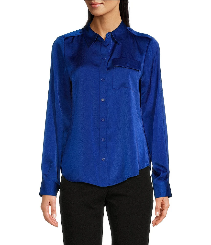 DKNY by Donna Karan Faux Suede Long Sleeve Point Collar Button Front Shirt