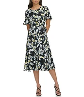 DKNY by Donna Karan Floral Crepe Satin Crew Neck Short Flutter Sleeve Tie Waist Midi Dress